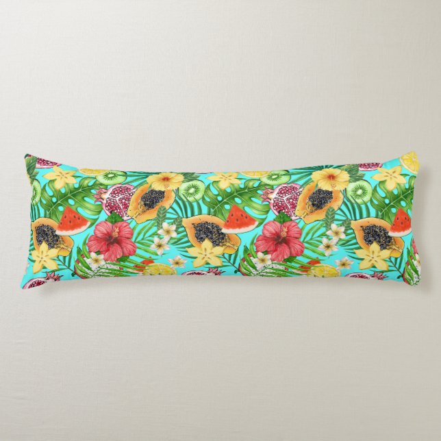 Tropical mix-fruit, flowers and leaves on blue body cushion (Front)