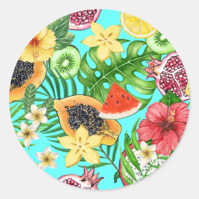 Tropical mix-fruit, flowers and leaves on blue classic round sticker (Front)