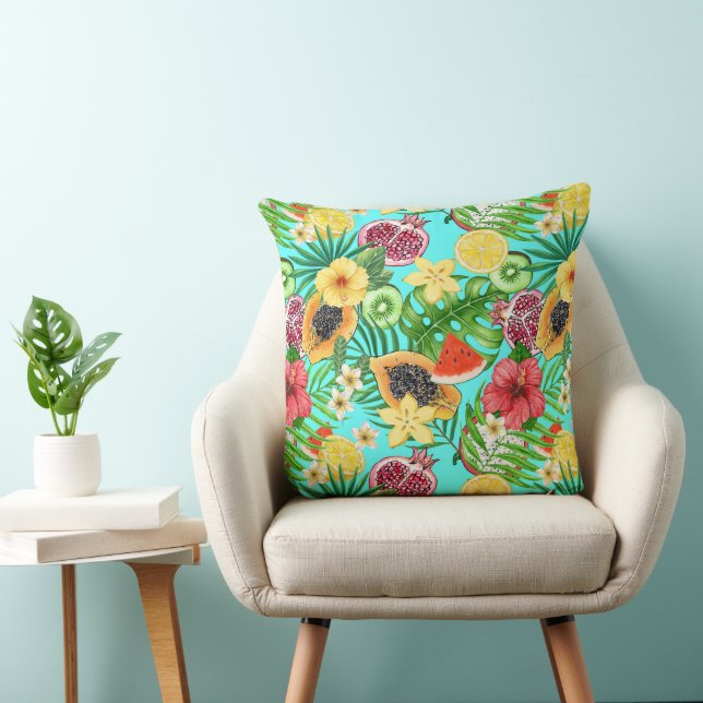 Tropical mix-fruit, flowers and leaves on blue cushion (Chair)