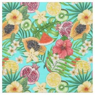 Tropical mix-fruit, flowers and leaves on blue fabric