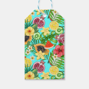 Tropical mix-fruit, flowers and leaves on blue gift tags