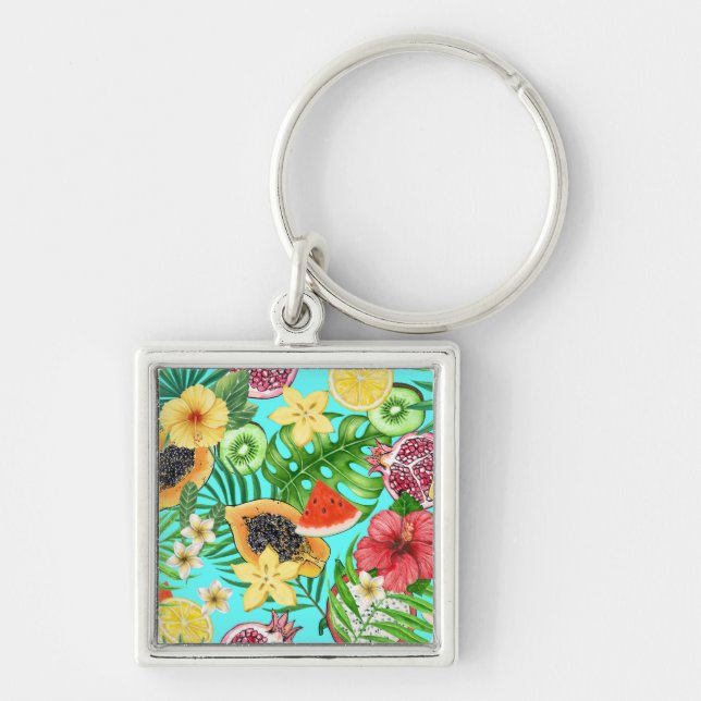 Tropical mix-fruit, flowers and leaves on blue key ring (Front)