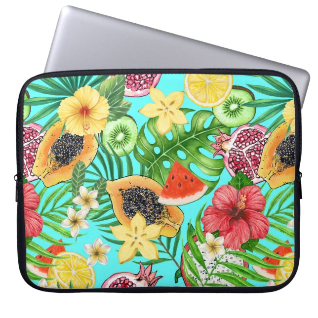 Tropical mix-fruit, flowers and leaves on blue laptop sleeve (Front)
