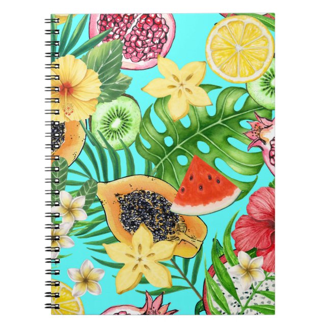 Tropical mix-fruit, flowers and leaves on blue notebook (Front)