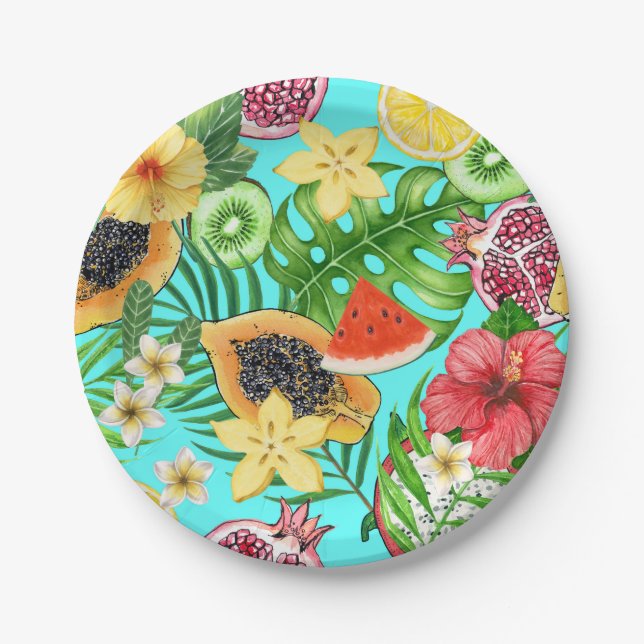 Tropical mix-fruit, flowers and leaves on blue paper plate (Front)