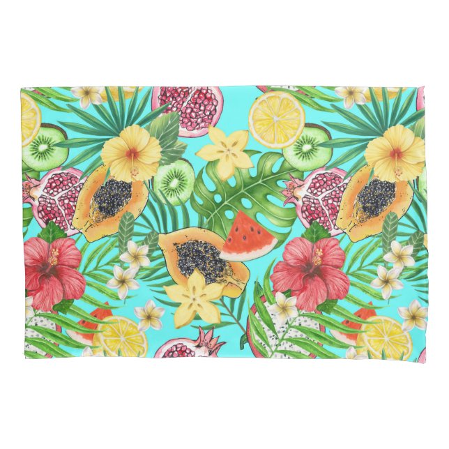 Tropical mix-fruit, flowers and leaves on blue pillowcase (Front-Left)