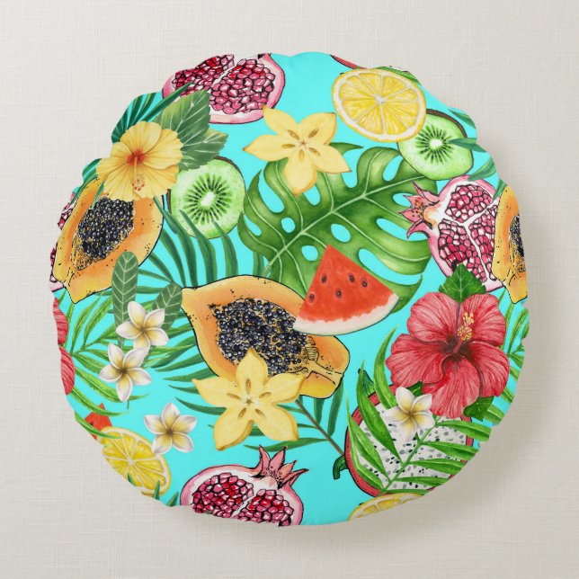 Tropical mix-fruit, flowers and leaves on blue round cushion (Front)