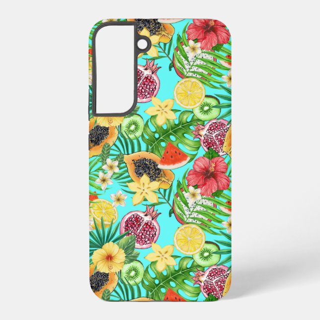 Tropical mix-fruit, flowers and leaves on blue samsung galaxy s22+ case (Back)