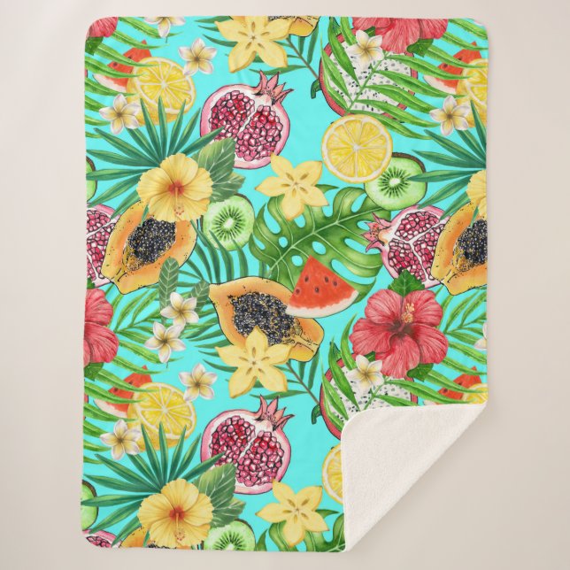 Tropical mix-fruit, flowers and leaves on blue sherpa blanket (Front)
