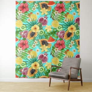 Tropical mix-fruit, flowers and leaves on blue tapestry