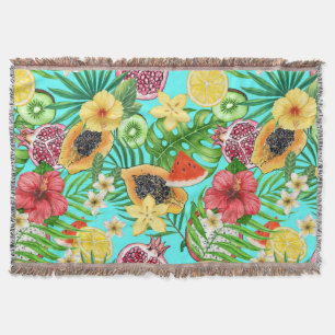 Tropical mix-fruit, flowers and leaves on blue throw blanket