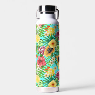 Tropical mix-fruit, flowers and leaves on blue water bottle