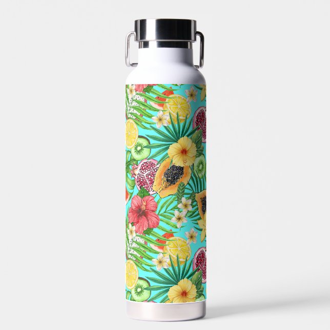 Tropical mix-fruit, flowers and leaves on blue water bottle (Front)