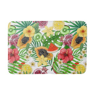 Tropical mix-fruit, flowers and leaves on white bath mat