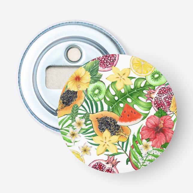 Tropical mix-fruit, flowers and leaves on white bottle opener (Front)