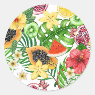 Tropical mix-fruit, flowers and leaves on white classic round sticker