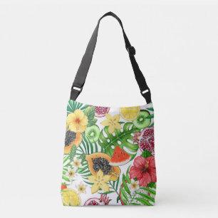 Tropical mix-fruit, flowers and leaves on white crossbody bag