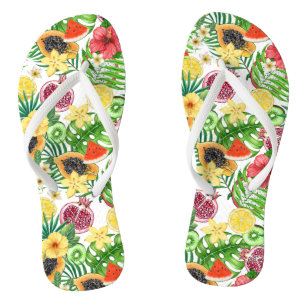 Tropical mix-fruit, flowers and leaves on white jandals