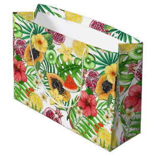 Tropical mix-fruit, flowers and leaves on white large gift bag