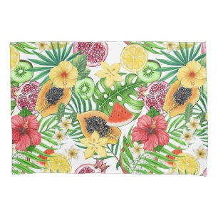 Tropical mix-fruit, flowers and leaves on white pillowcase