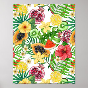 Tropical mix-fruit, flowers and leaves on white poster