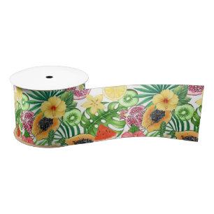 Tropical mix-fruit, flowers and leaves on white satin ribbon