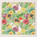 Tropical mix-fruit, flowers and leaves on white scarf<br><div class="desc">Hand- painted mix media pattern with various tropical fruits,  flowers and leaves</div>