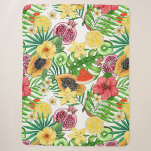 Tropical mix-fruit, flowers and leaves on white sherpa blanket