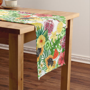 Tropical mix-fruit, flowers and leaves on white short table runner