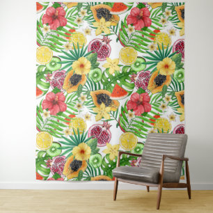 Tropical mix-fruit, flowers and leaves on white tapestry