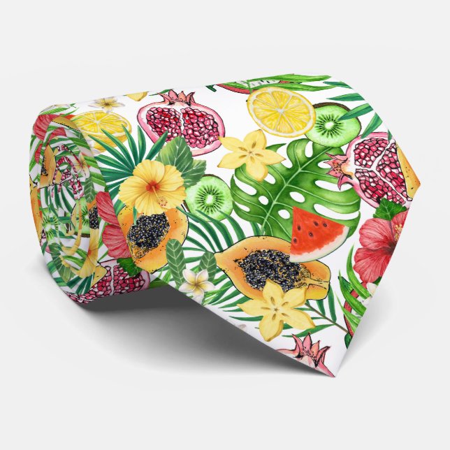 Tropical mix-fruit, flowers and leaves on white tie (Rolled)