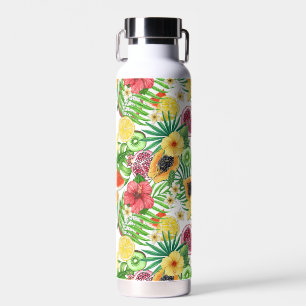 Tropical mix-fruit, flowers and leaves on white water bottle