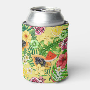 Tropical mix-fruit, flowers and leaves on yellow can cooler