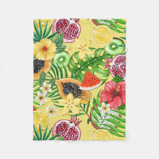 Tropical mix-fruit, flowers and leaves on yellow fleece blanket (Front)
