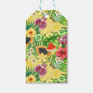 Tropical mix-fruit, flowers and leaves on yellow gift tags