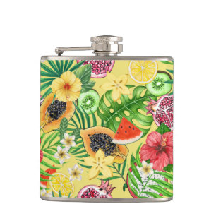 Tropical mix-fruit, flowers and leaves on yellow hip flask