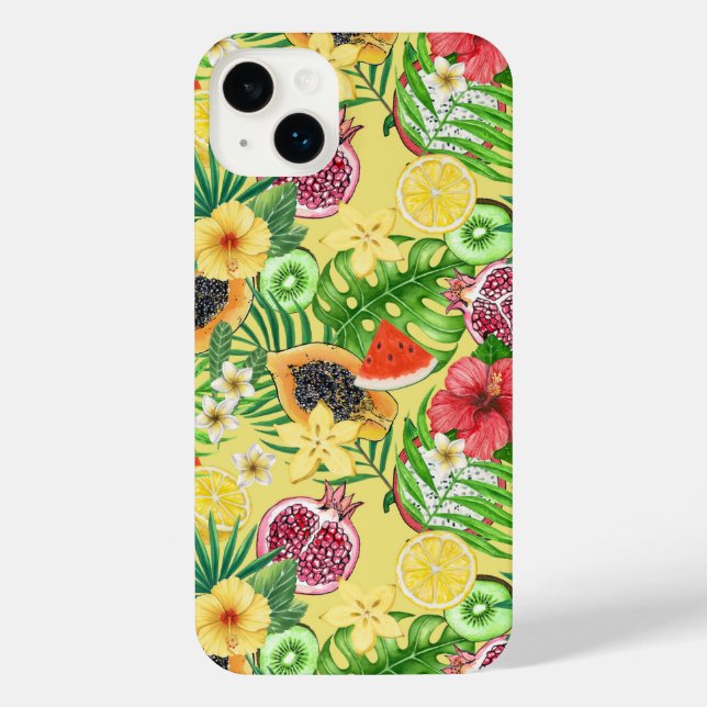 Tropical mix-fruit, flowers and leaves on yellow iPhone case (Back)