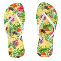 Tropical mix-fruit, flowers and leaves on yellow