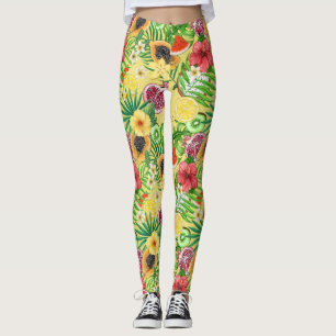 Tropical mix-fruit, flowers and leaves on yellow leggings