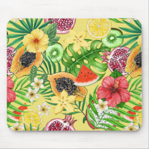 Tropical mix-fruit, flowers and leaves on yellow mouse pad