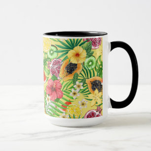Tropical mix-fruit, flowers and leaves on yellow mug