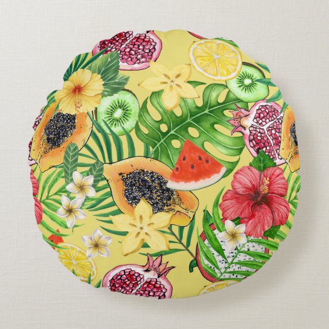 Tropical mix-fruit, flowers and leaves on yellow round cushion (Front)