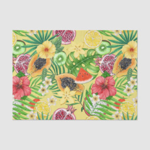 Tropical mix-fruit, flowers and leaves on yellow tissue paper