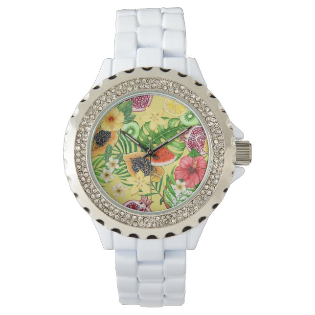 Tropical mix-fruit, flowers and leaves on yellow watch (Front)