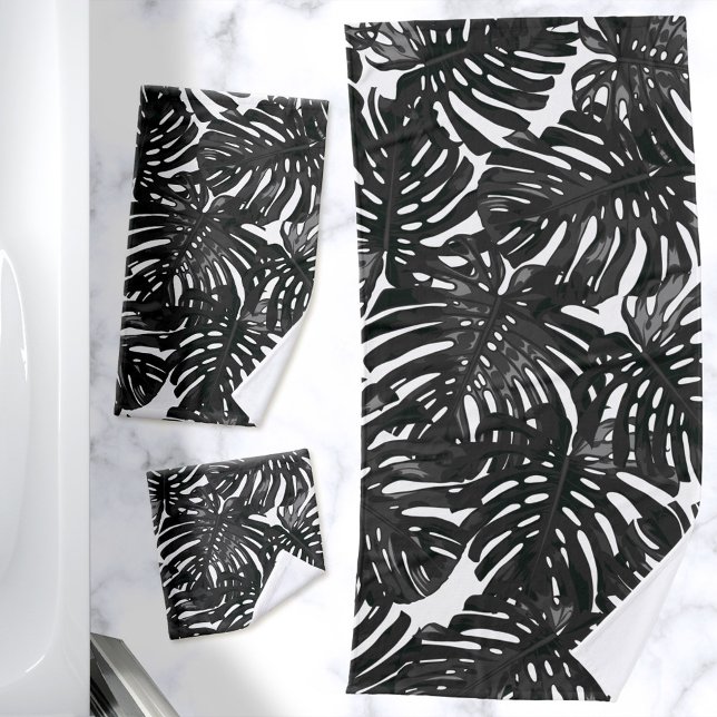 Tropical Modern Black White Jungle Leaves Bath Towel Set (Towel set with a print of black monstera palm leaves on a white background)