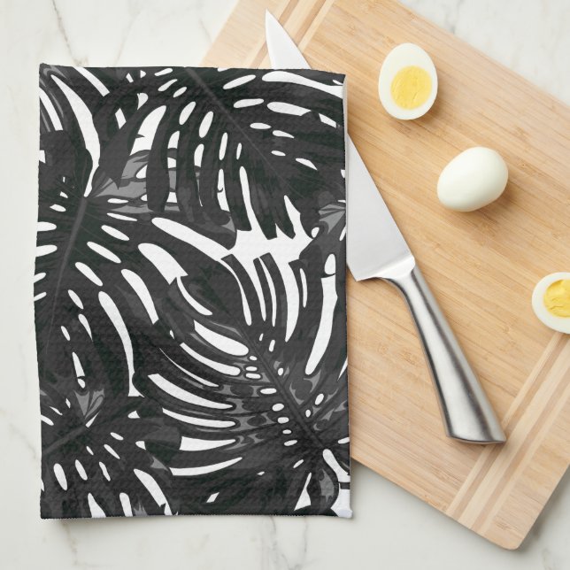 Tropical Modern Black White Jungle Leaves Tea Towel (Quarter Fold)
