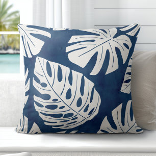 Tropical Modern Blue White Palm Leaves Cushion