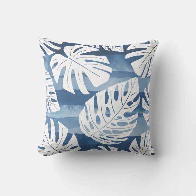 Tropical Modern Blue White Palm Leaves Cushion (Front)