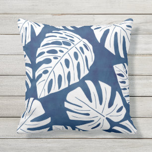 Tropical Modern Blue White Palm Leaves Outdoor Pil Cushion