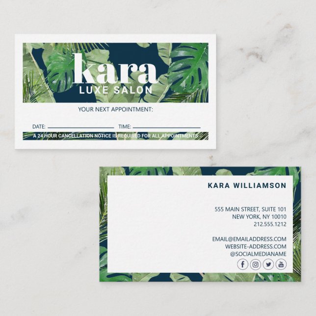 Tropical Modern Boutique Salon Navy Appointment Loyalty Card (Front/Back)